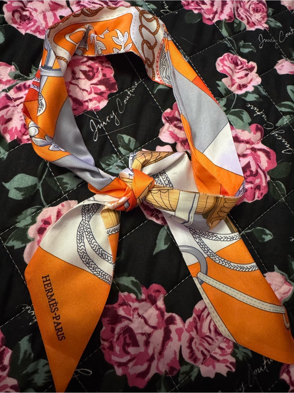 Hermès Orange & Gray Silk Twilly Scarf